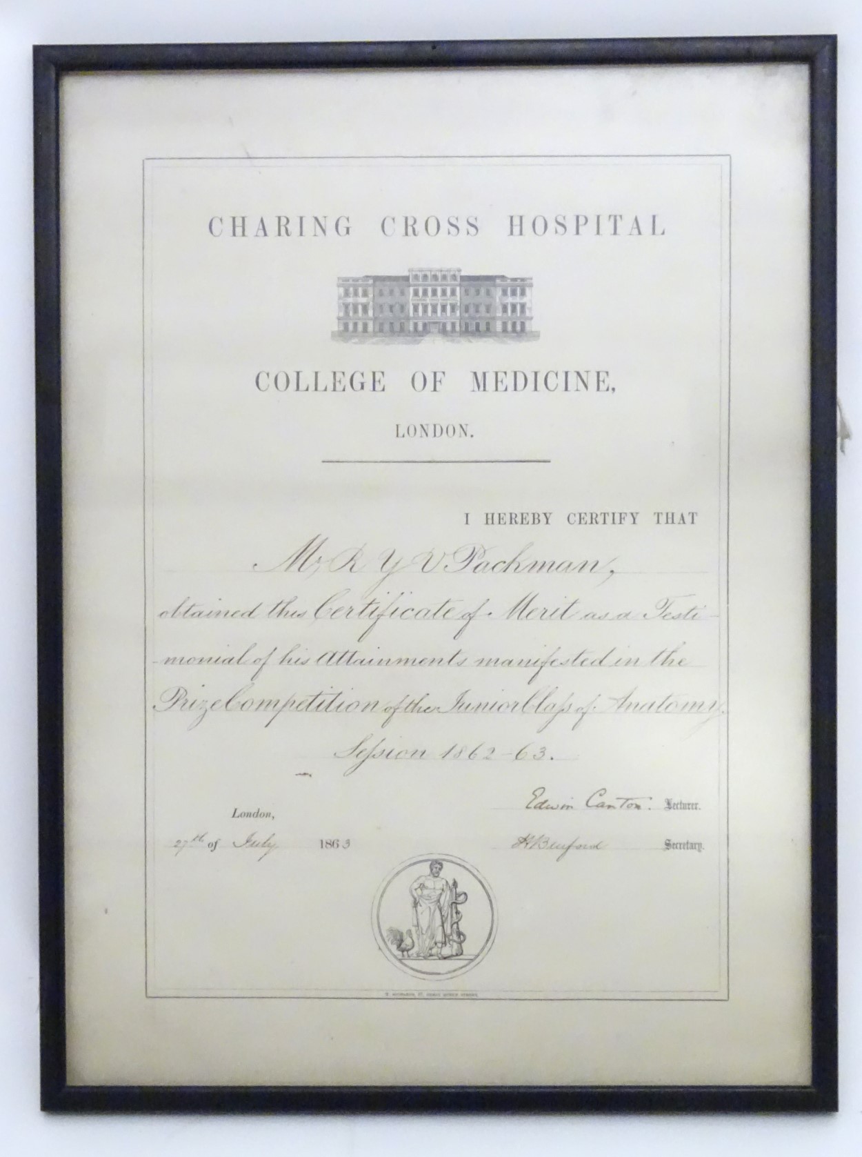 A framed Certificate of Merit, junior class of anatomy, Charing Cross Hospital College of Medicine,