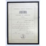 A framed Certificate of Merit, junior class of anatomy, Charing Cross Hospital College of Medicine,