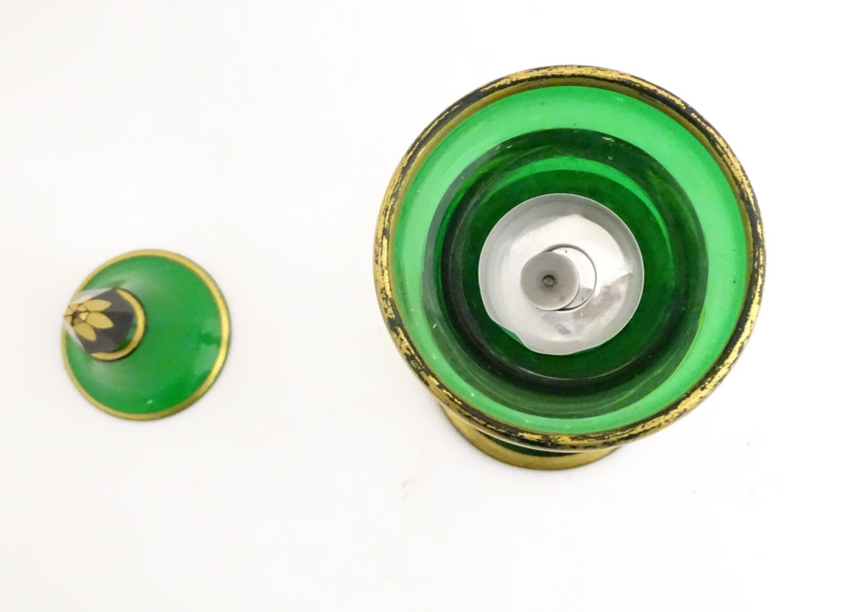 A Victorian tea light holder with a conical snuffer of green glass with gilded decoration, approx. - Image 5 of 8