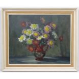 Elisabeth Bridge ( 1912-1996), Oil on canvas, Dahlias in a copper lustred jug still life,