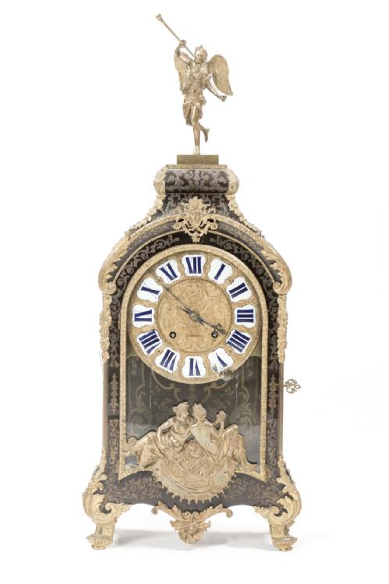 Pendule Louis XIV Boulle à boîte en corne brune avec incrustations de laiton, [...]