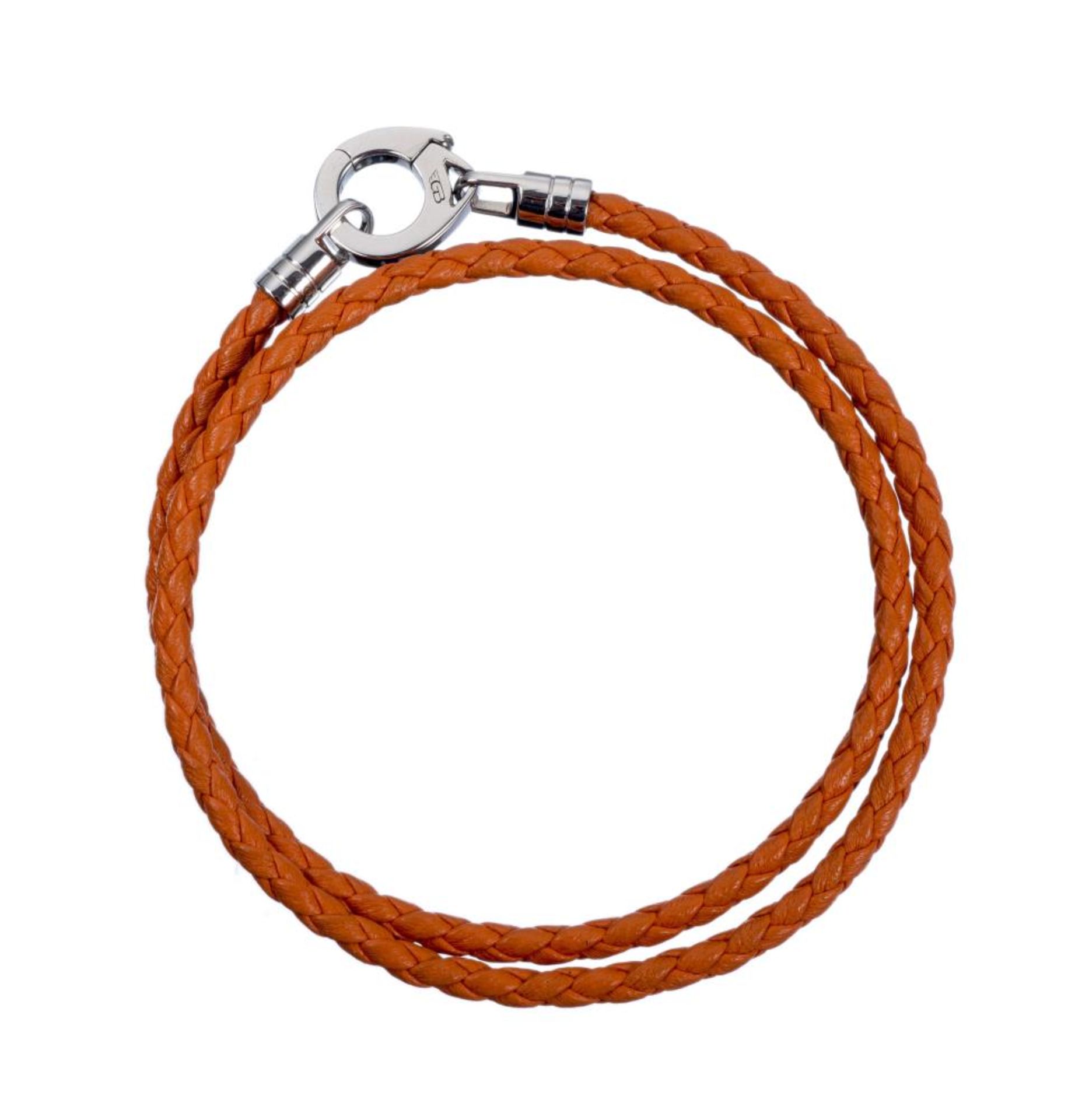 Enigma by Gianni Bulgari, bracelet double tour en cuir orange tressé avec attache en [...]