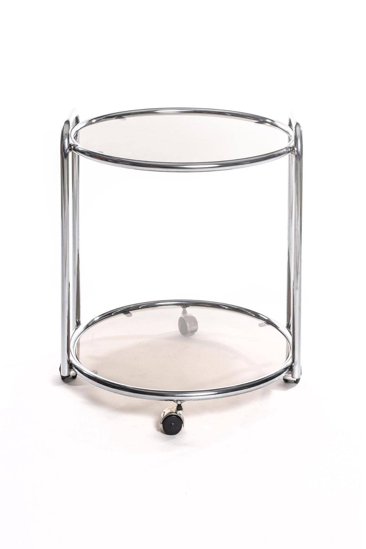 Table basse circulaire à roulettes: armature chromée et 2 plateaux en verre [...]