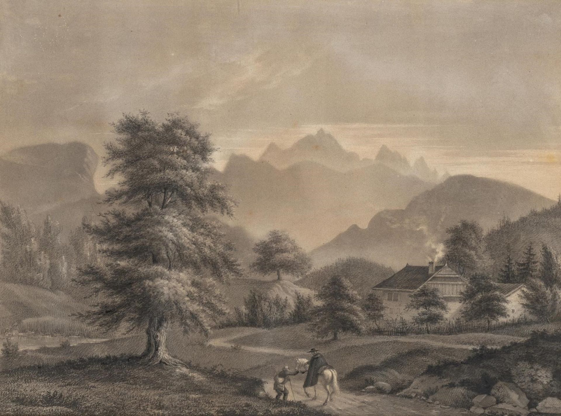 Jean-Antoine Constantin (1756-1844), "Paysage de Montagne animé". Dessin au crayon [...]