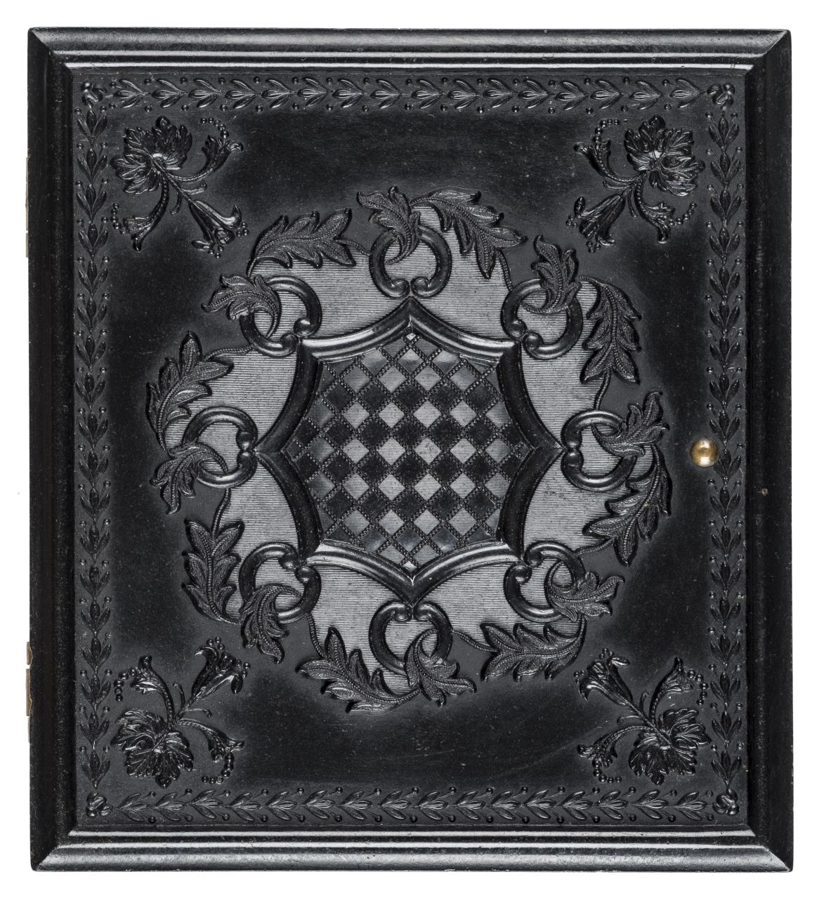 *Geometric/Scroll. Sixth-plate black thermoplastic union case by Holmes, Booth & Haydens, c. 1860,