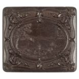 *USS Monitor and the Fort. Sixth-plate brown thermoplastic union case by Littlefield, Parsons & Co.,