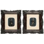 *Pair of quarter-plate ambrotypes of husband and wife, late 1850s, on blue grounds, 9.5 x 7cm,