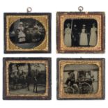 *Four sixth-plate outdoor ambrotypes, 1860s, showing three ladies sitting on a park bench