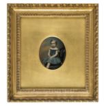 *Sixth-plate ambrotype of a young child, 1850s, beautifully tinted, 7 x 6cm, gilded wood and plaster