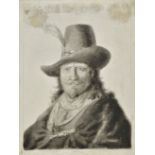 *Follower of Rembrandt (van Rijn, 1606-1669). Head of a man with plumed hat and cloak, etching on