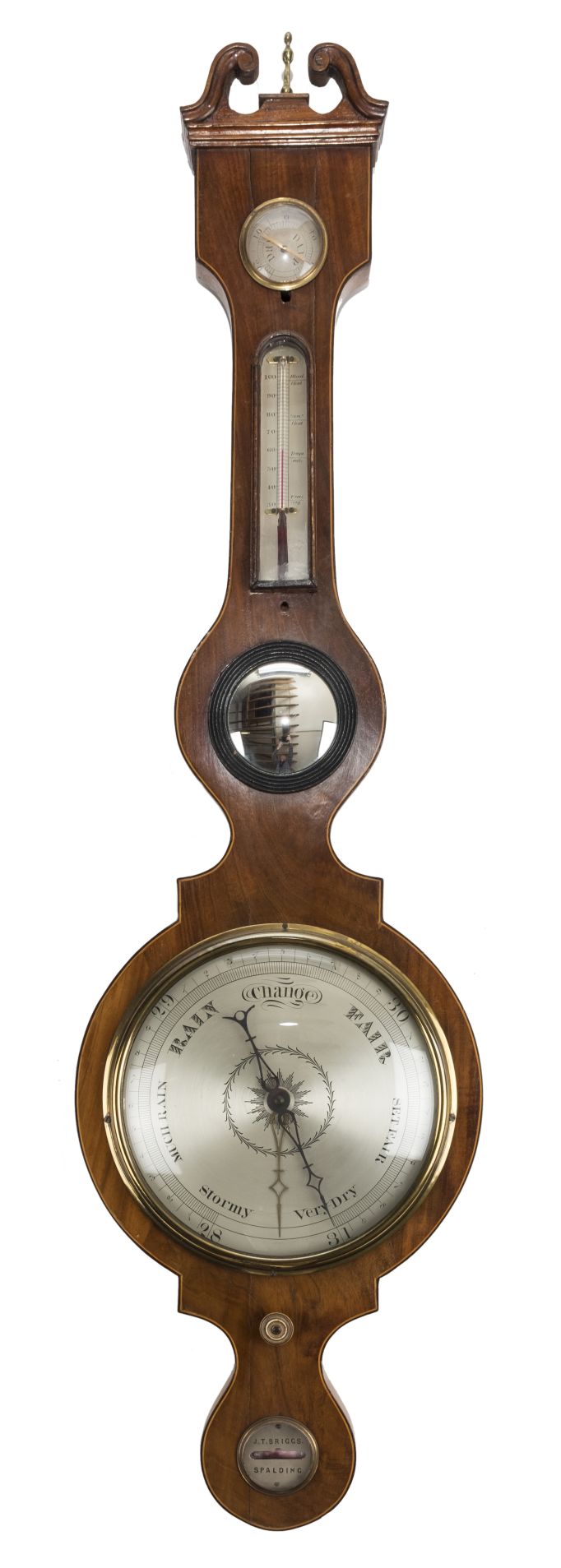 *Barometer. 19th century mahogany wheel barometer by T Briggs, Spalding, with silvered dials and