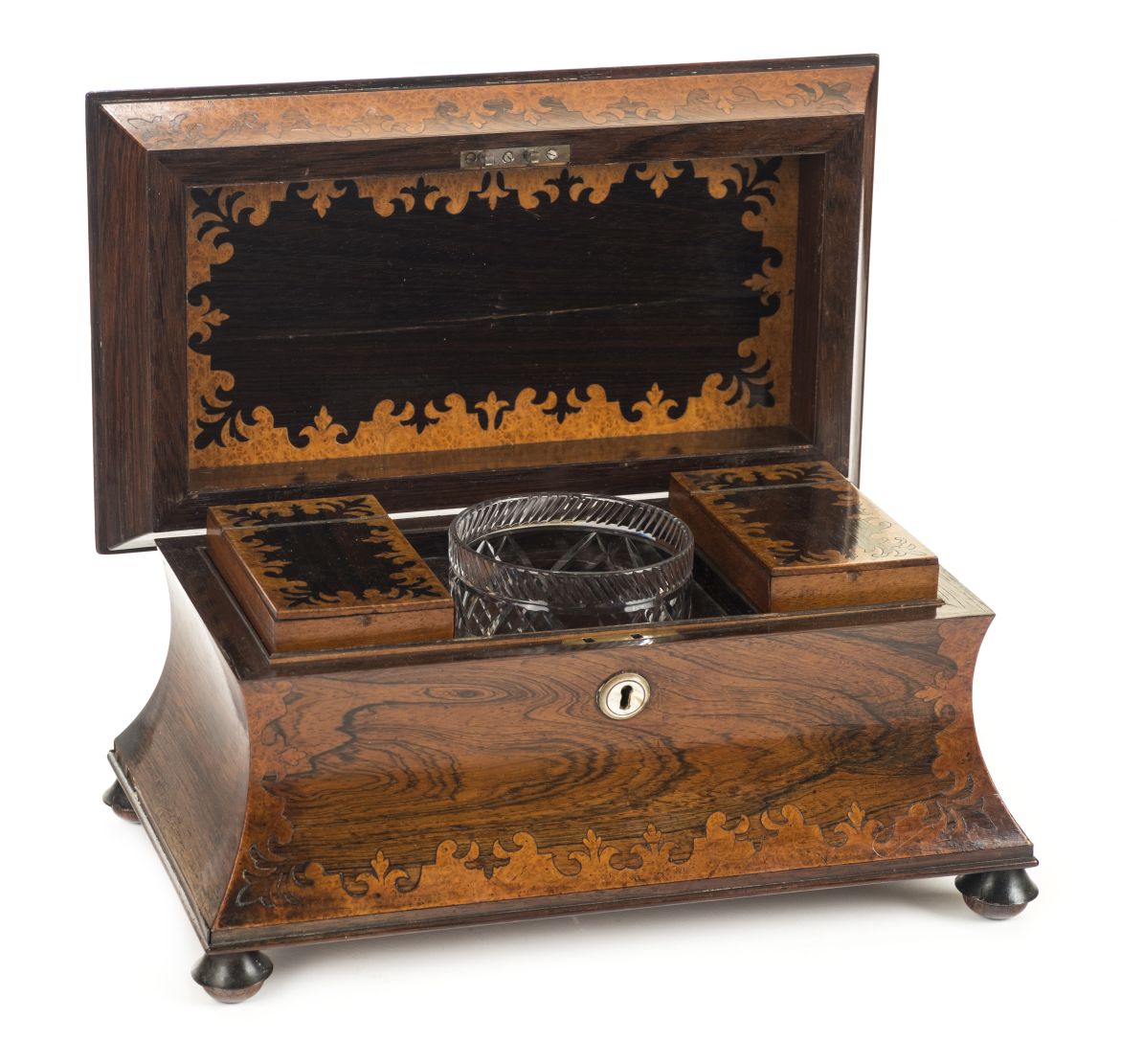 *Tea Caddy. An unusually large Regency rosewood tea caddy, sarcophagus form with burr walnut