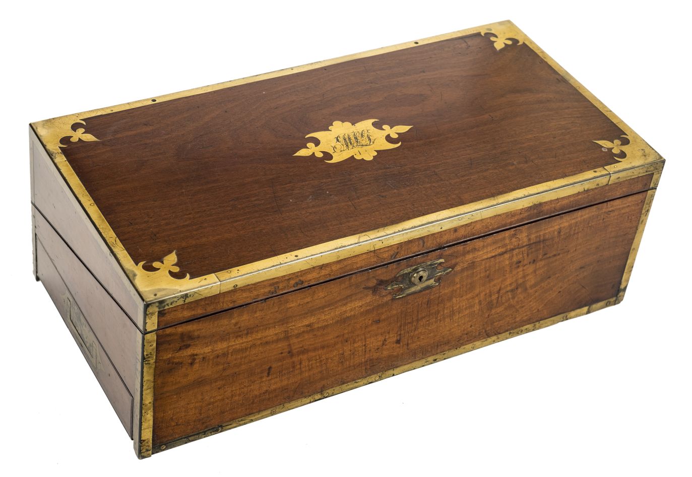 *Writing Box. Victorian mahogany and brass bound writing box, the hinged lid enclosing blue tooled