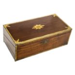 *Writing Box. Victorian mahogany and brass bound writing box, the hinged lid enclosing blue tooled