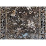 *Carpet. Oriental silk carpet, with hunters on horseback, lions, leopards and other animals on a