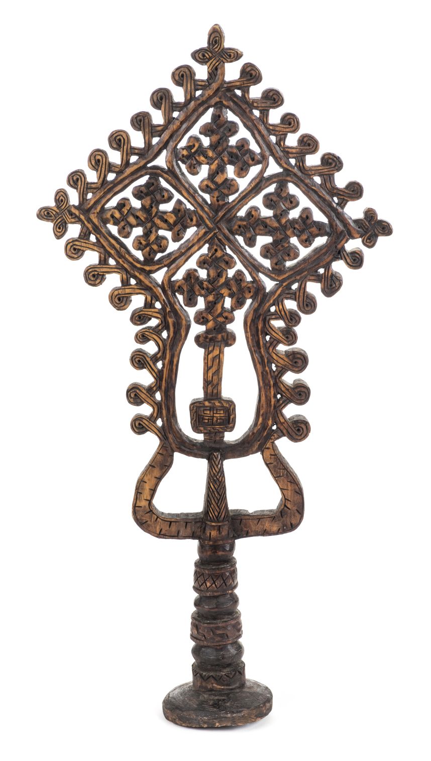 *Ethiopia. Ethiopian carved wood Coptic hand cross, intricately carved in a geometric style, 64cm