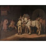 *Follower of George Morland (1763-1804). The Staging Post, oil on canvas, showing figures, horses,