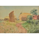 *Dring (William Dennis, 1904-1990). Summer landscape with hayricks, watercolour, depicting several