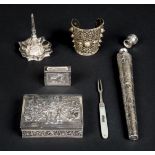 *Mixed Silver. Mixed silver, including a Victorian tapered spirit flask, embossed with rural scenes,