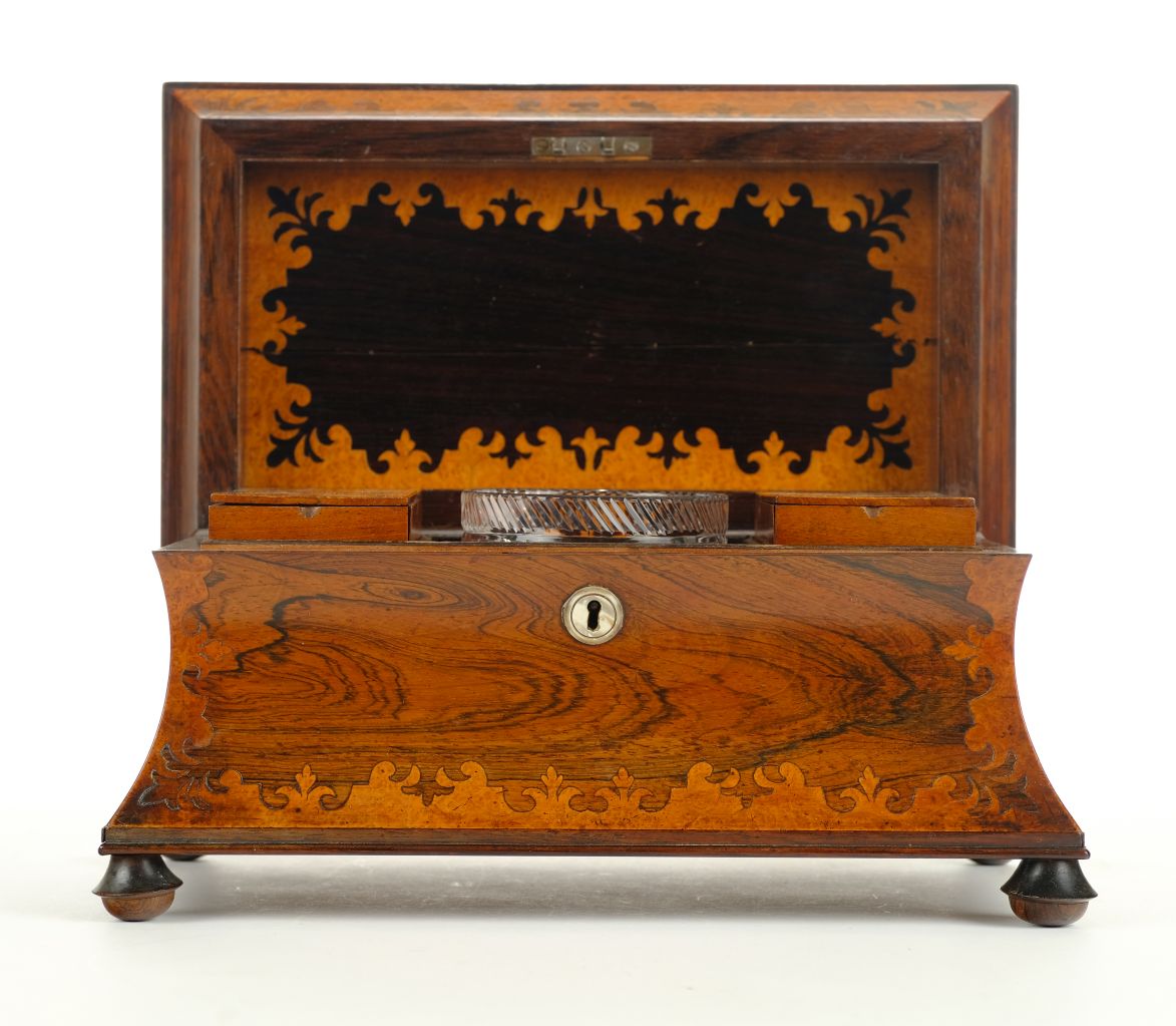 *Tea Caddy. An unusually large Regency rosewood tea caddy, sarcophagus form with burr walnut - Image 2 of 4