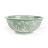 *Bowl. A Chinese celadon porcelain bowl, with pate-sur-pate decoration depicting butterflies,
