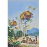 *Nicolson (William Campbell, 1880-1945). Natives on a beach beside a treehouse, Borneo, gouache on