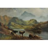 *Morley (S. C., 19th century). Highland Loch with horned cattle watering, oil on canvas, signed