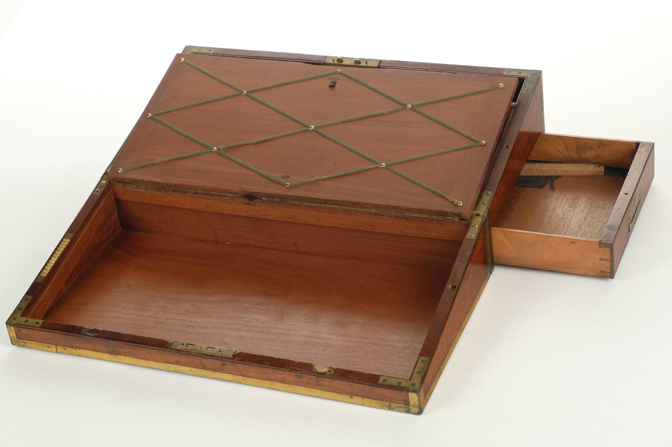 *Writing Box. Victorian mahogany and brass bound writing box, the hinged lid enclosing blue tooled - Image 4 of 5