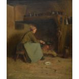 *Simonau (L., late 19th century). Woman cooking at the fireside, 1893, oil on canvas, depicting a