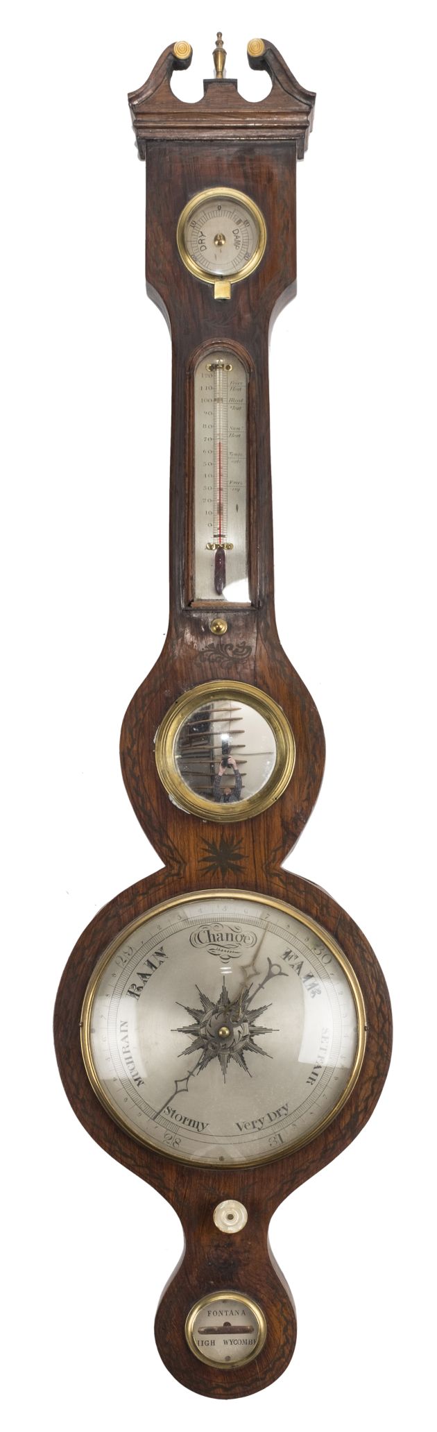 *Barometer. Victorian rosewood and mother of pearl wheel barometer by Fontana, High Wycombe, with