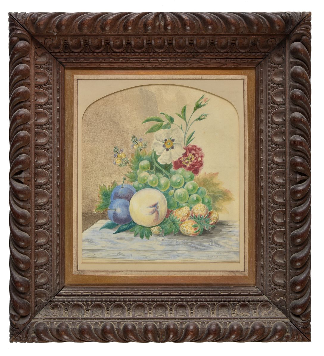 *English School. Still Lifes of fruit and flowers on a marble plinth, mid 19th century, a pair of - Image 2 of 2