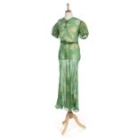 *Dress. A long green floral chiffon dress, 1930s, hand-made dress, with ruched v-neck, puffed