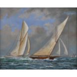 *English School. Columbia vs Shamrock Americas Cup 1899, oil on panel, indistinctly signed lower