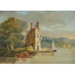 *English School. Medieval tower by a lake, circa 1850s, oil on card, showing figures by a house with