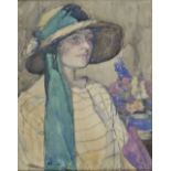 *Robinson (F., 20th century). Young woman in a wide brimmed hat, with green scarf, seated, 1922,