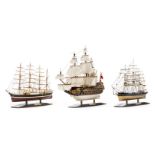 *Model Ships. Three wooden model ships, including Royal Sovereign, finely built with three masts and