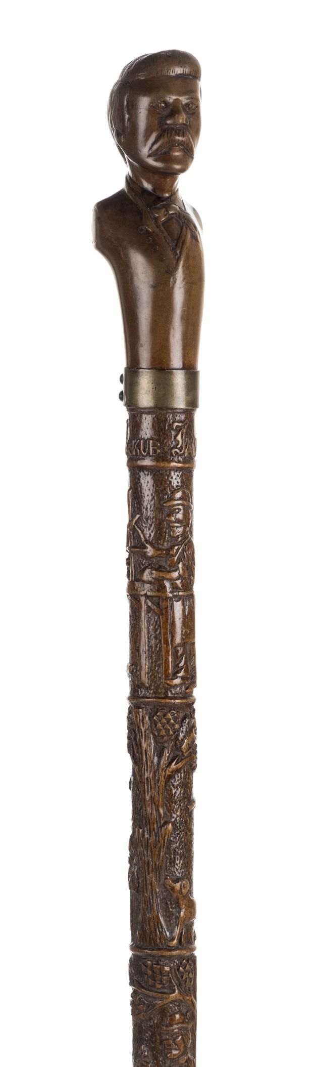 *Walking Stick. 19th century folk art walking stick, the knop carved as a figure head of 'Jakub