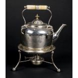 *Spirit Kettle. A Victorian silver plated spirit kettle on stand, the kettle with ivory handle and