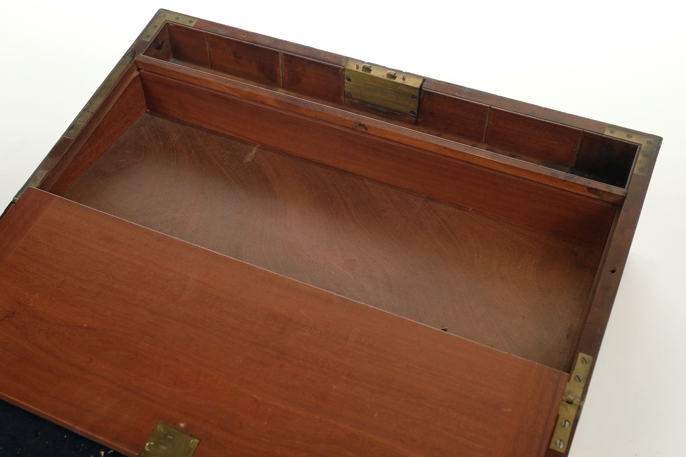 *Writing Box. Victorian mahogany and brass bound writing box, the hinged lid enclosing blue tooled - Image 5 of 5