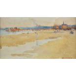 *Gamley (Andrew Archer, 1869-1949). Seascape with pier, watercolour, depicting a sandy beach with