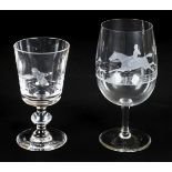 *Glassware. Mixed glassware, including large stemmed wine glass engraved with a pheasant and at