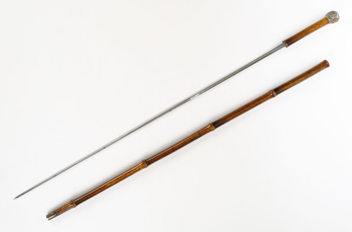 *Walking Stick. A 19th century sword stick, with embossed white metal ball knop and bamboo shaft - Image 2 of 2