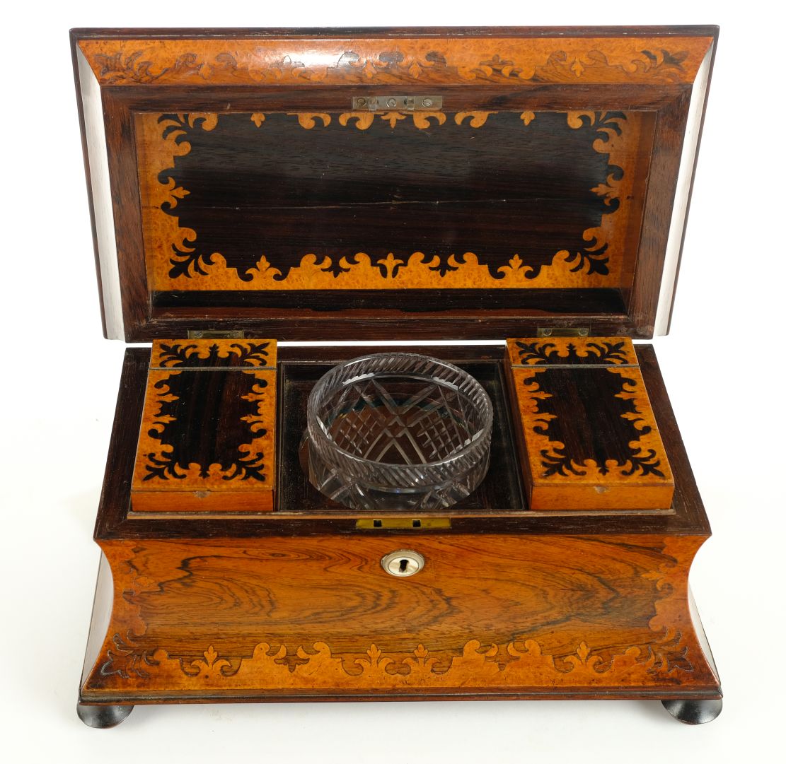 *Tea Caddy. An unusually large Regency rosewood tea caddy, sarcophagus form with burr walnut - Image 3 of 4