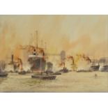 *Dyer (William, 20th century). Tower Bridge from The Thames, watercolour on paper, showing a busy