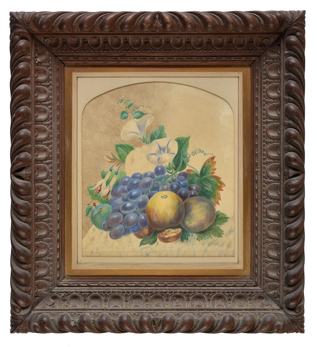 *English School. Still Lifes of fruit and flowers on a marble plinth, mid 19th century, a pair of