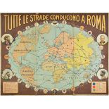 World. Tutte le Strade Conducono, published Rome, 1929, chromolithographic map, old folds, some