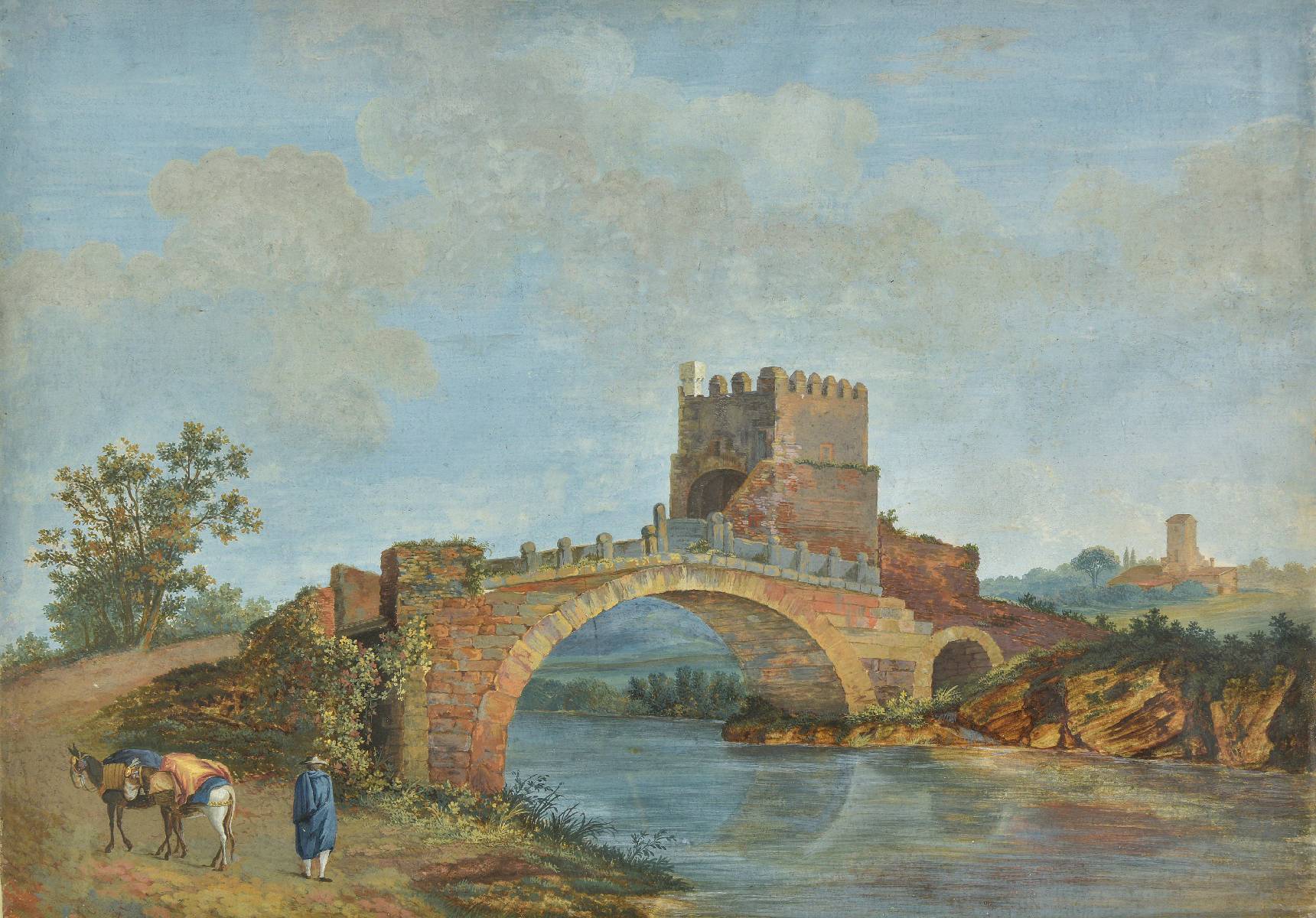 *Italian School. View of the Ponte Salario, near Rome, mid-18th century, gouache on paper, unsigned,