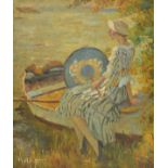 *Impressionist School. Young woman with parasol on a boat, oil on board, indistinctly signed 'H A