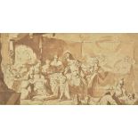 *Roman School. Interior scene with warriors presenting a cloth to a Queen seated under a canopy,