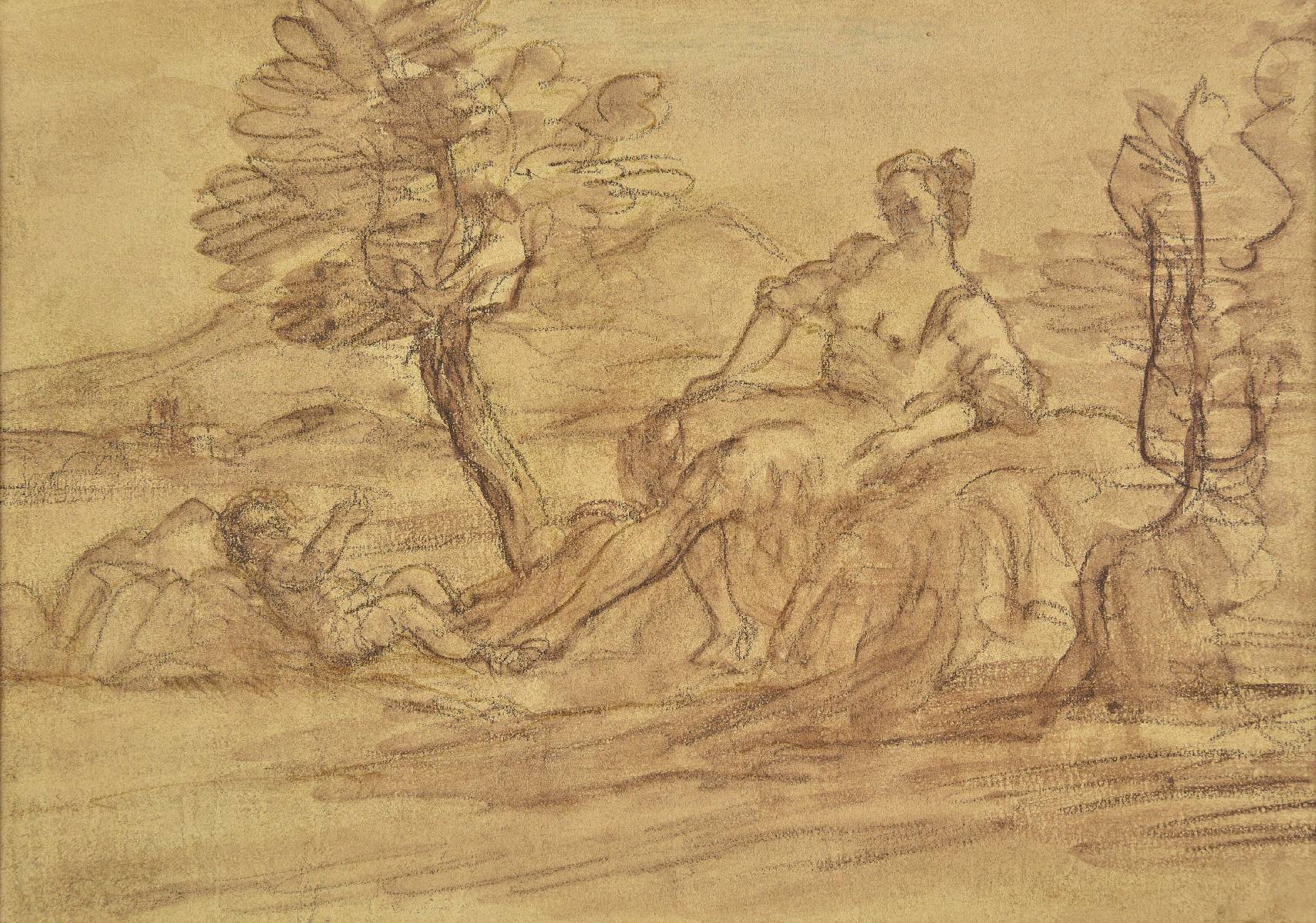 *French School. Venus and Cupid resting in a landscape, early to mid 18th century,brown and black